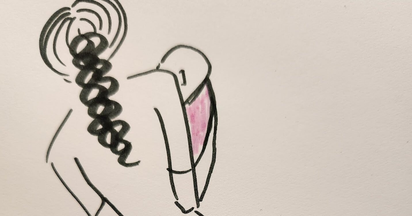 mother with braid down her back holding baby in black ink drawing
